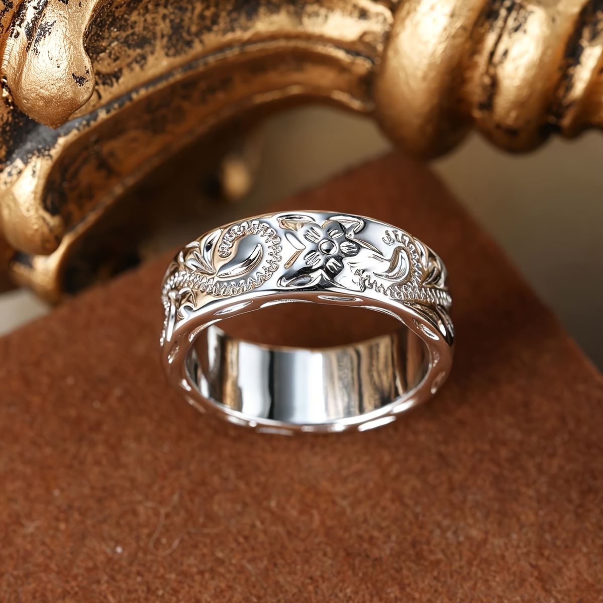 Unisex Copper Inlaid Zirconia Pattern Statement Ring